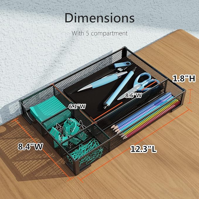 Desk Drawer Organizer, Office Desk Organizer Tray with 5 Dividers, Pen Pencil Drawer Organizer for Office Supplies, Desktop, Bathroom, Kitchen, Makeup, Vanity ﻿
