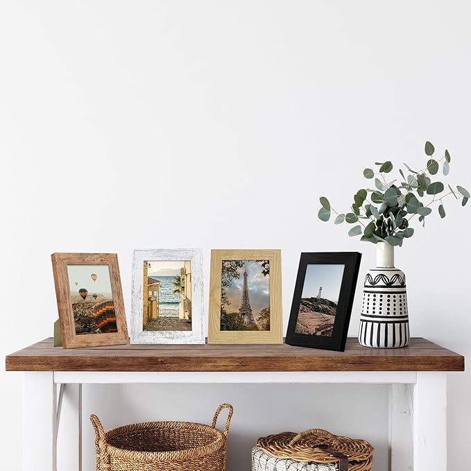 5x7 Picture Frame Set of 4, High Definition Real Glass 5 x 7 Photo Frames for Desktop Display and Wall Mounting(Distressed White+Oak+Rustic Brown+Black)