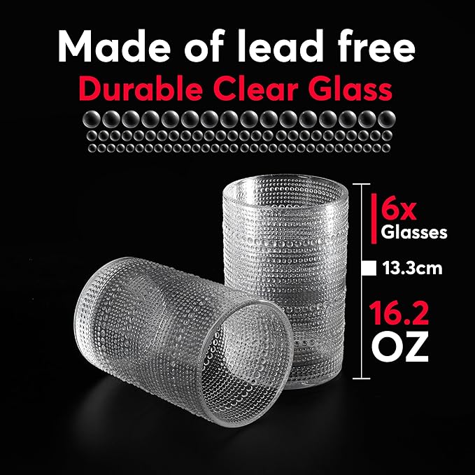 Hobnail Drinking Glasses, Vintage Glassware Set of 6, Vintage Drinking Glasses 16.2 oz, Bubble Glasses Drinking, Hobnail Glasses, Vintage Glass Cups, Jupiter Glasses for Juice, Soda, Beer, Whisky