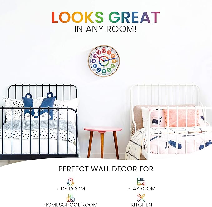 Oyster&Pop Learning Clock for Kids - Silent Telling The Time Teaching Clocks - Non-Ticking Kids Clocks for Bedrooms - Classroom Clocks for Teaching Time - Kids Learn to Tell Time Easily