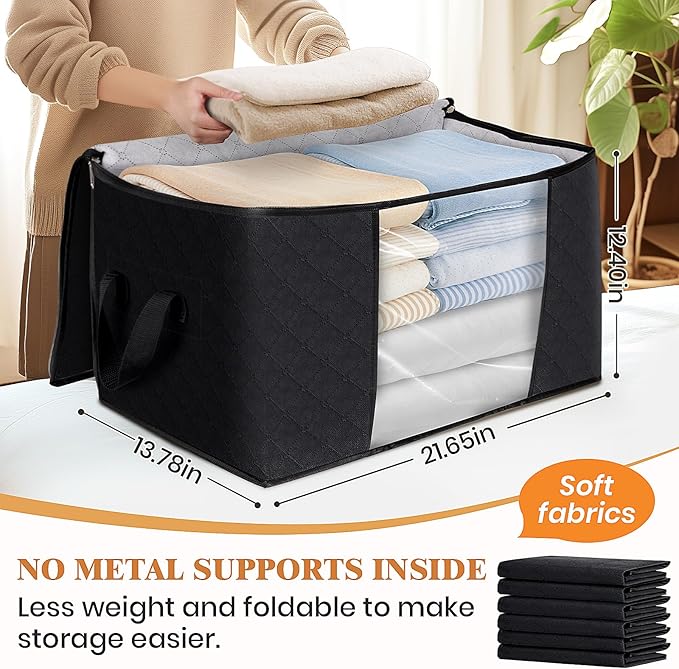 Fab totes 8 Pack Clothes Storage, Foldable Thick Fabric Blanket Storage Bags, Containers for Organizing Bedroom, Closet, Clothing, Comforter,Closet Organization with Handle,Black