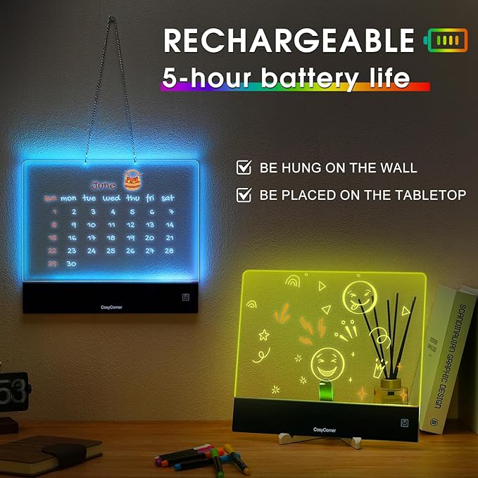 LED Drawing Board for Kids - Doodle Glow Note Board with Colors | Rechargeable Acrylic Dry Erase Board with Light & Touch Switch | 5H Battery, Glow Writing Pad for Toddlers & Artists