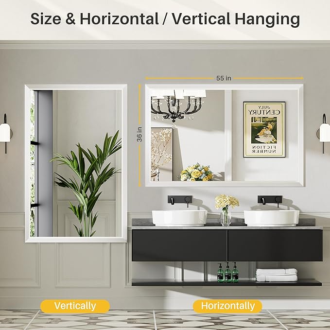 55x36 Inch White Bathroom Mirror for Wall, Thick Metal Framed Rectangle Mirrors for Over Sink, Bedroom, Living Room, Entryway, Anti-Rust, HD Tempered Glass
