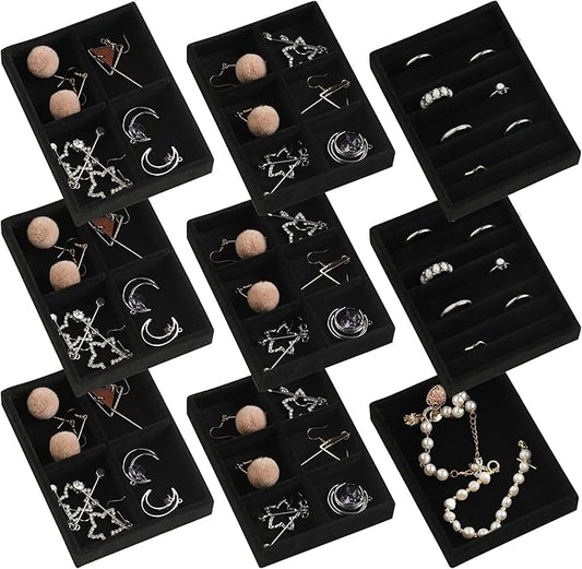 Frebeauty Small Jewelry Tray Set,Stackable Velvet Jewelry Organizer Tray,Mini Jewelry Drawer Organizer,Drawer Inserts,4.92 x 3.74 x 0.9 Inches,Earring Organizer for Women(Set 9,Black)