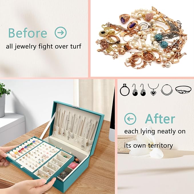 Homeanda Jewelry box 2 layer Jewelry box Leather Jewelry boxes for Women Girls Teens Jewelry organizer box Jewelry Storage box with lock(Green)