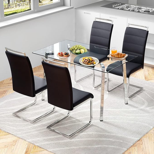 51“ Small Glass Dining Table Set for 4,0.31”Thick Tempered Glass Table Top with 4 Chrome Plate Metal Legs,4 PU Leather Dining Chairs,Modern Kitchen Dinner Room Table Set,for Kitchen Room