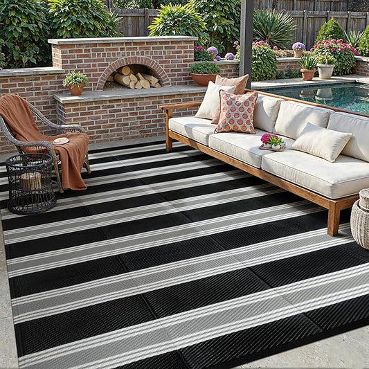 Lahome Striped Outdoor Rug 8x10 Patio Waterproof, Reversible Outdoor Plastic Straw Rug for Camping, RV Patio Rugs Outside Large Carpet for Porch Deck Backyard Picnic(Black/Grey,8'x 10')
