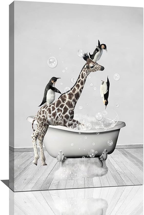 Funny Wall Art Giraffe and Penguin Bathroom Pictures for Kids - Animals in Bathtub Canvas Prints Artwork - Home Decorations for Bathroom, Bedroom, Toilet - Framed