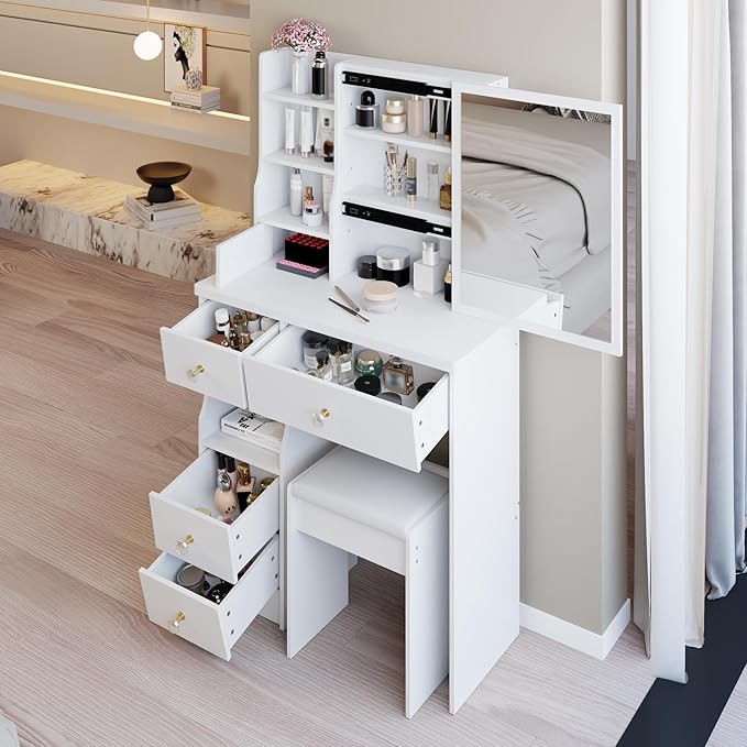 KEIKI Vanity Desk with Mirror & Cushioned Stool, 29.2'' Makeup Dressing Table Set with 5 Drawers for Tiny Bedrooms, Dorms, Apartments, White