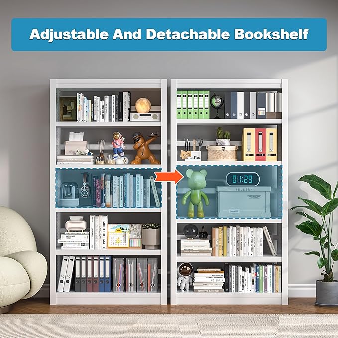 69" Tall White Metal Bookshelf, 5-Tier Adjustable Bookcase, Easy Assembly Modern Storage Shelf for Office, Home, Living Room, Library, School