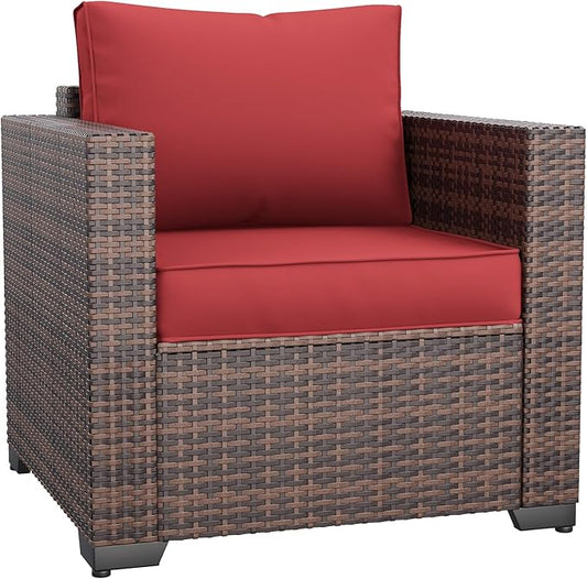 Amopatio Wicker Outdoor Sofa & Patio Couch Set - High Back Waterproof Patio Furniture Single Armrest Chair with Non-Slip Cushions, Outdoor Furniture Cover,Burgundy