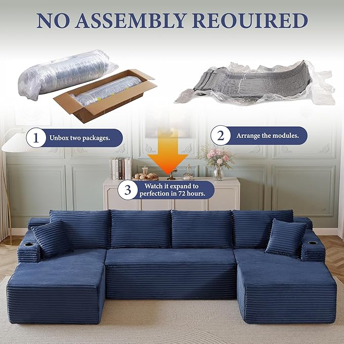 104''Sectional Cloud Couch with L Shaped Chaise,Modern Modular Sectional Sofa,Boneless Couch with Deep Seat,Comfy Couches for Living Room (Blue, U Shaped)