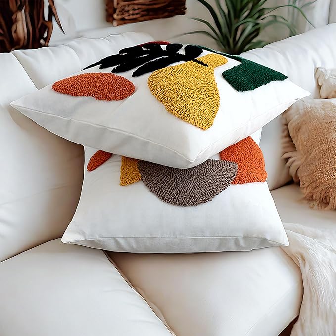 Boho Accent Pillow Covers 18x18- Tufted Abstract Modern Square Throw Pillow Covers, Farmhouse Decorative Pillowcase for Couch, Sofa, Bed, Living Room-Dark Green Khaki Red Geometric Black Leaf