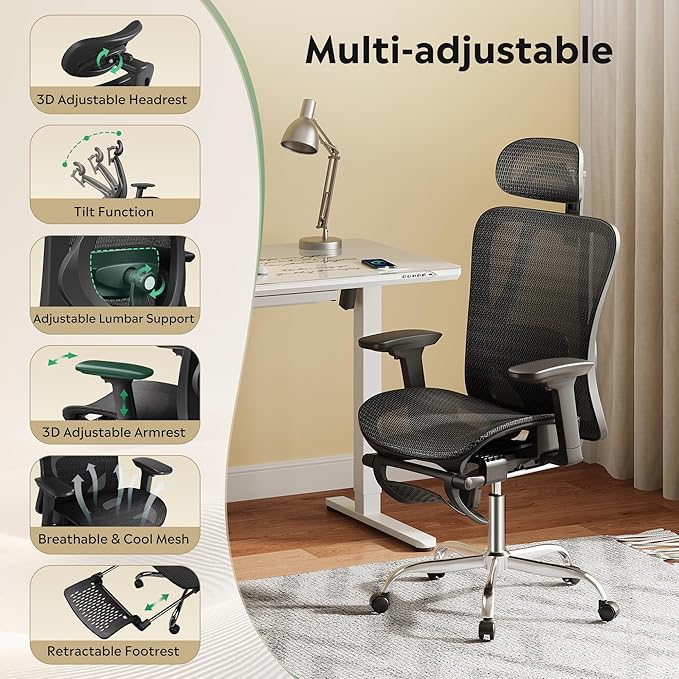 DEVAISE Ergonomic Mesh Office Desk Chair, Retractable Footrest and Adjustable Lumbar Support, Comfy High Back Reclining Computer Gaming Chair, Tilt Function, Heavy Duty, SGS Class 4 Gas Lift, Black