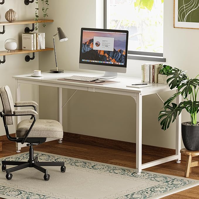 Huuger Computer Desk, 63 Inch Office Desk, Gaming Desk with Storage, Writing Desk Work Desk for Home Office, Study, Modern Simple Desk, Large Legroom, Metal Frame, White