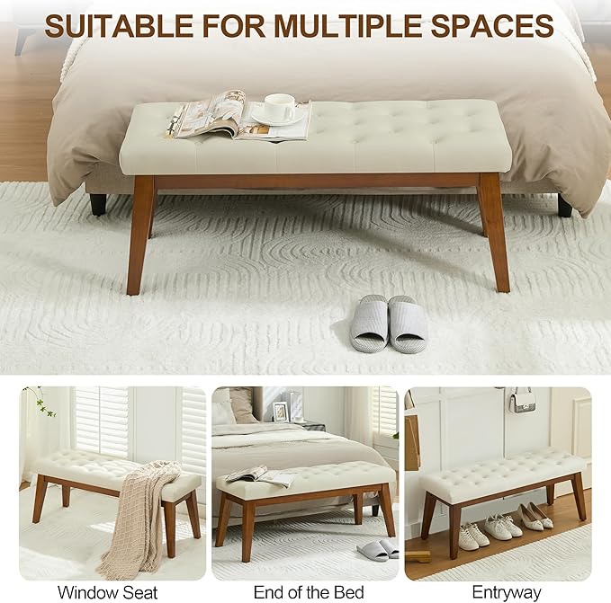 43.5'' Faux Leather Bedroom Bench, Upholstered End of Bed Bench with Tufted Button, Padded Vintage Dining Bench, Entryway Bench with Solid Wood Legs, Kitchen, Living Room, Hallway, Beige Tufted