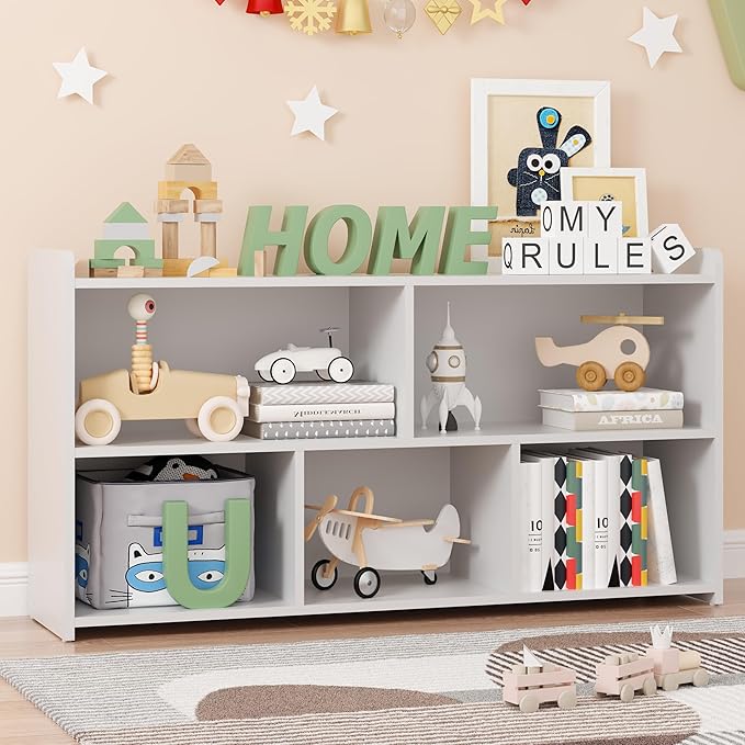 Book Shelf for Kids, 5 Cubes Storage Organizer Montessori Shelf, Wooden Kids Bookcase, Toy Storage Organizer for Children, White Toddler Bookshelf Cube Shelf for Kid’s Room, Classroom