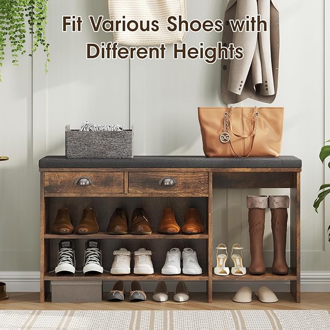 Maupvit Shoe Storage Bench with Cushion, Shoe Bench with Padded Seat, Entryway Storage Bench with Drawer, 2 Compartments, Wood Bench Rack for Bedroom, Closet, Living Room, Hallway (Brown)