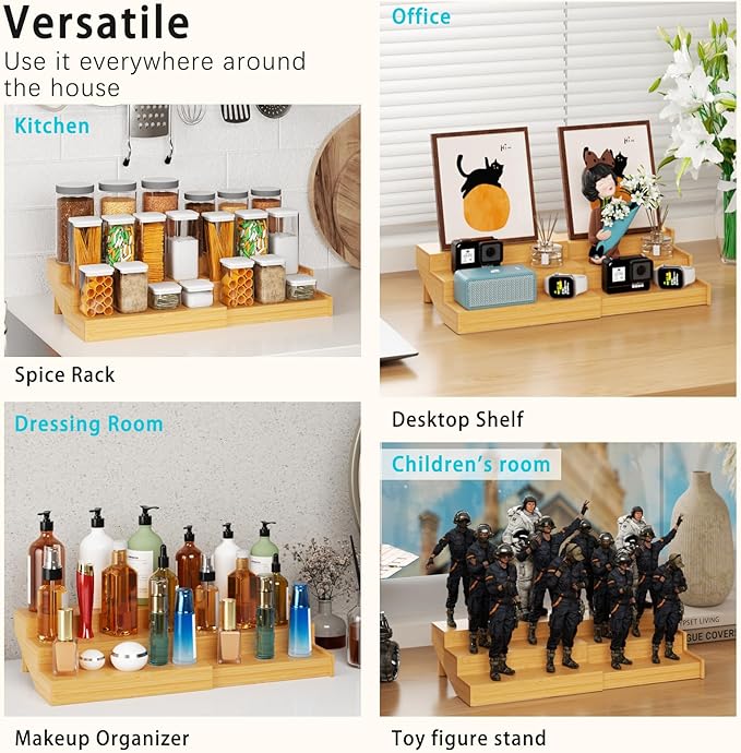 Spice Rack, Bamboo Spice Rack Kitchen Cabinet Organizer Expandable - Bamboo 3 Tier Figurine Display Shelf, Adjustable 3 Tier Spice Racks