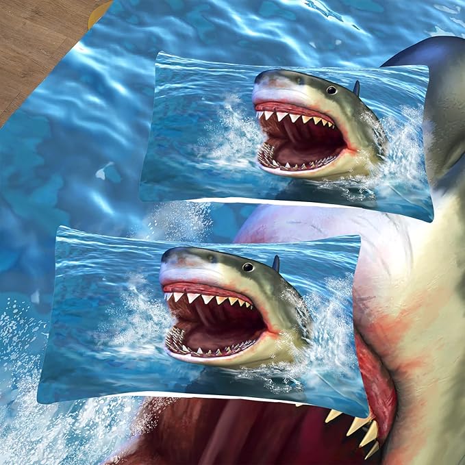 Tailor Shop Big Shark Comforter Set for Boys Teens Shark Open Big Mouth Blue Ocean Comforter Shark Bedding Set King Size with 1 Comforter 2 Pillowcases