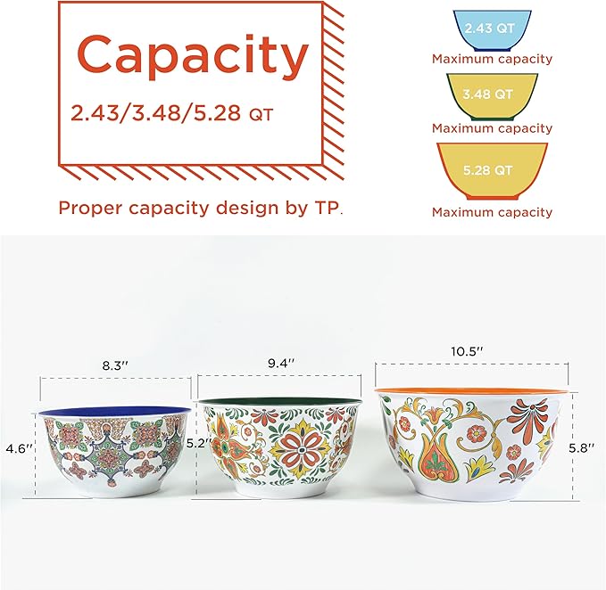 TP Large Mixing Bowl Set with Lids, Melamine Nesting Bowls Set for Pasta Baking Salad Mixing, Set of 3, Aztec Bloom