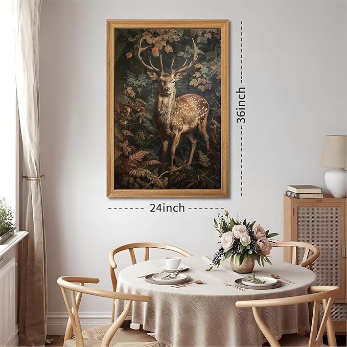 Framed 3D Textured Vintage Wall Art - Dark Academia Decor Sika Deer Hand Drawn Sandstone Paintings with Botanical Florals, Aesthetic Wall Decor for Living Room Bedroom Home 24x36 inch