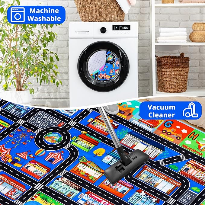 Kids Rugs for Toy Cars Playroom 110"×78.7" ABC Transportation Animals Play Mat Educational Mat Alphabet Area Rug Public Buildings Kids Playtime Collection Toddler Learning Carpet
