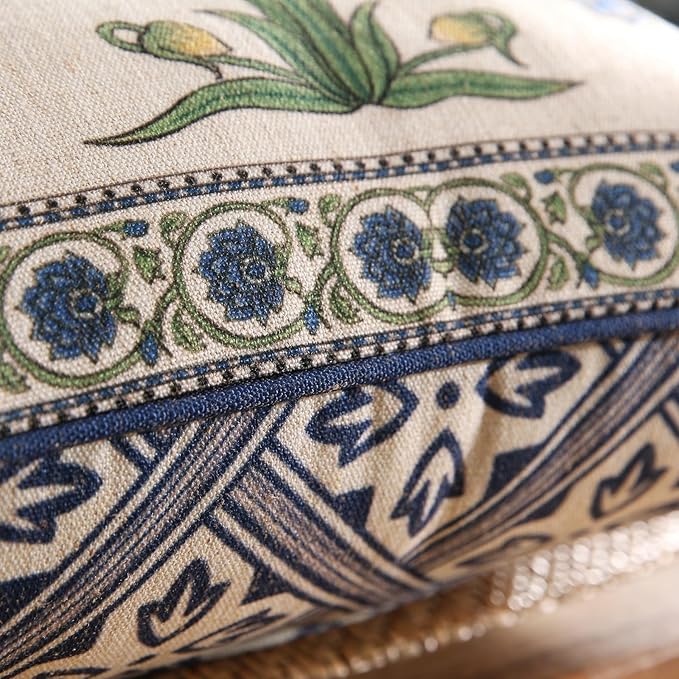 patdrea Designer Throw Pillow Covers Set of 2,Blue Euro Elegant Linen with Blooming Floral Pattern Pillow Cover,Decorative Square Pillowcases Cushion for Bed Living Room Outdoor Car,18"x18"