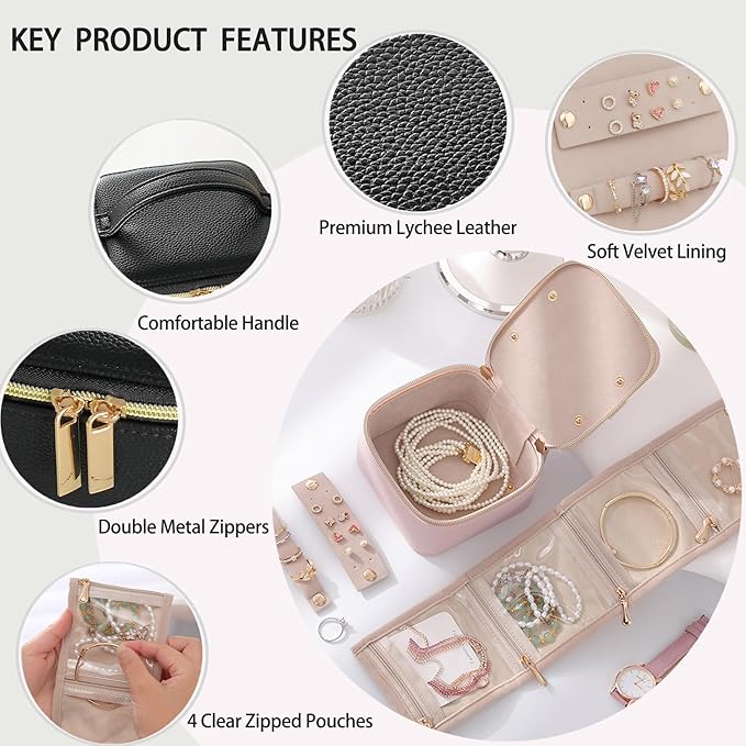 PU Leather Travel Jewelry Organizer Case with 4 Pouches & Handle, Anti-Tangle Storage Box for Necklace, Earrings, Rings, Compact Jewelry Box for Women Gift (Black)