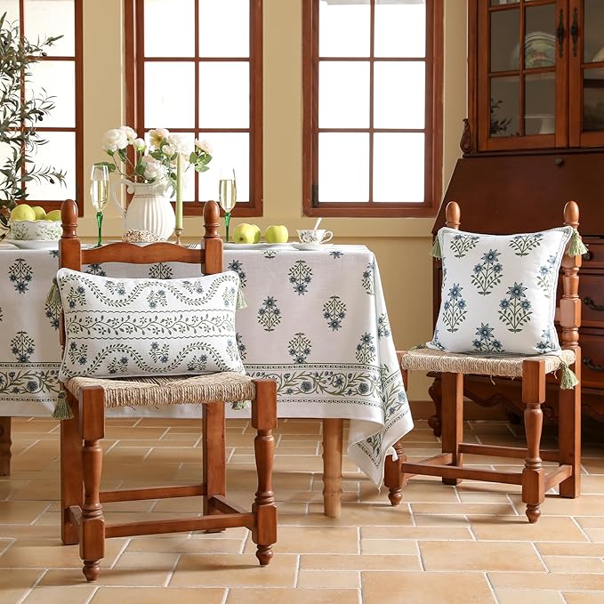 Design Fresh Linen Rectangular Throw Pillow Covers 12"x20" Pack of 2, French White Cottage Cushion Covers with Green Branches Pattern Decoration Pillowcases for Bed,Living Room,Outdoor,Car