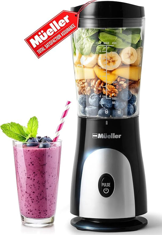 Mueller Smoothie Blender for Smoothies - Personal Blender for Shakes, Frozen Drinks, Baby Food & More, 15oz Travel Cup and Lid, Durable Stainless Steel Blades for Powerful Blending Performance, Black