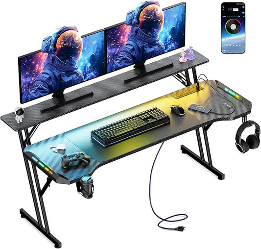 55 Inch Gaming Desk, Smart Computer Gamer Desk with LED Lights & Mouse Pad, Gaming Table with Power Outlet, Monitor Stand, Side Hook, Ergonomic Work Desks for Home Office, Carbon Fiber Black