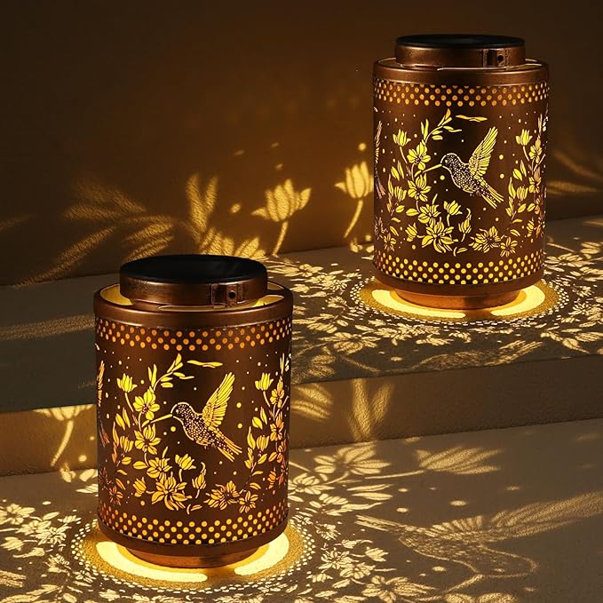 2 Pack Hummingbird Solar Lanterns Garden Decor Birthday Gifts for Women Mon Grandma Metal Hanging Solar Lights Waterproof Outdoor Decoration for Outside LED Lanterns for Yard Patio Lawn