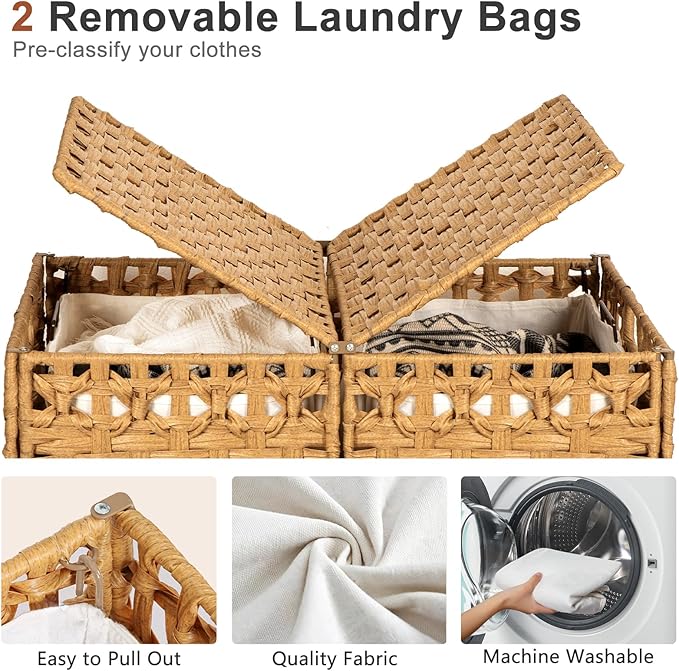 170L Foldable Laundry Hamper with Lid - Handwoven Rattan Storage Basket, 2-Section Clothes Hamper w/2 Removable Liner Bags, Easy Assembly, Portable for Bedroom Bathroom Dorm,Natural