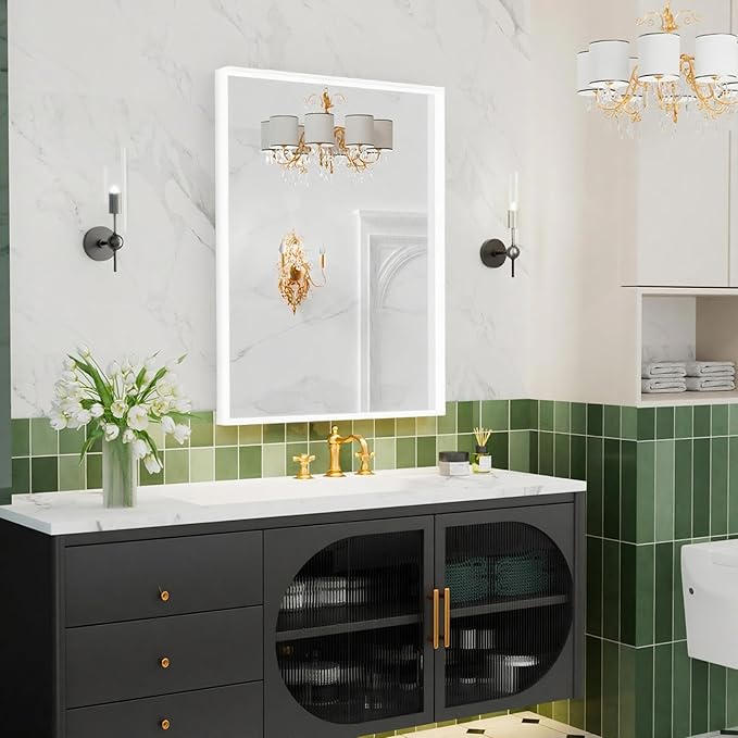 22x30 Inch White Bathroom Mirrors for Over Sink, Rectangle Mirror, Metal Framed, Wall Mounted, Modern Vanity Mirror, HD Tempered Glass (Horizontal/Vertical)