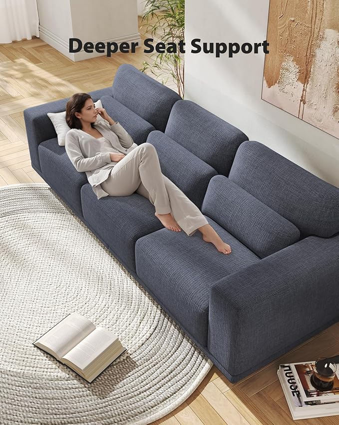 Pipishell 3 Seater Sofa Couch, Sofas for Living Room with Deep Seats and Wide Armrests, 89" Modern Linen Sofa Supportive with Thickened Cushion, Cotton-Linen Couches, Removable & Washable Covers, Blue