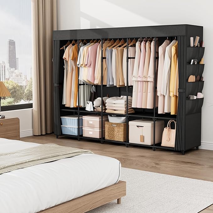 Portable Closet Storage, Portable Wardrobe Closet Organizer Clothes Rack wtih Cover, Hanging Rod, Storage Shelves and Side Pockets, Large Portable Closets for Hanging Clothes, Black