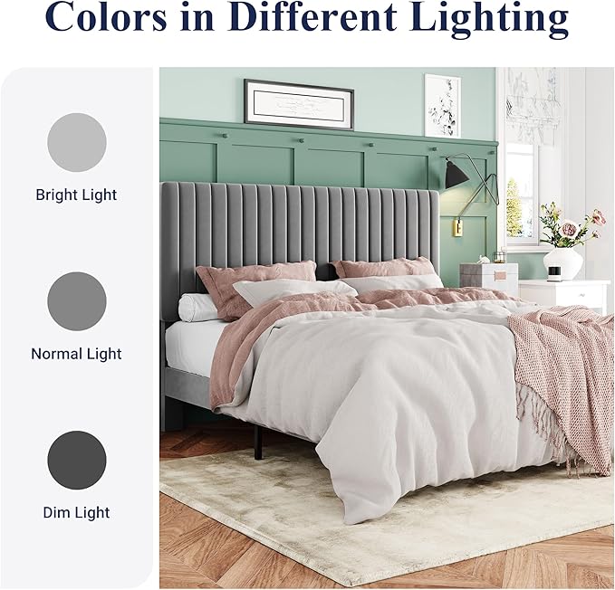 Allewie King Bed Frame, Velvet Upholstered Platform Bed with Adjustable Vertical Channel Tufted Headboard, Mattress Foundation with Strong Wooden Slats, Box Spring Optional, Easy Assembly, Grey