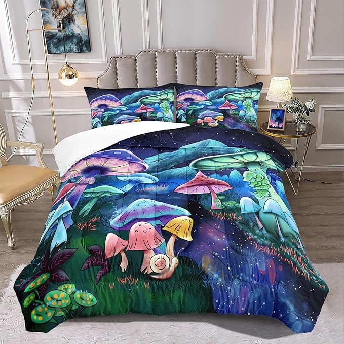 Colorful Mushroom Queen Comforter Set with Pillowcases