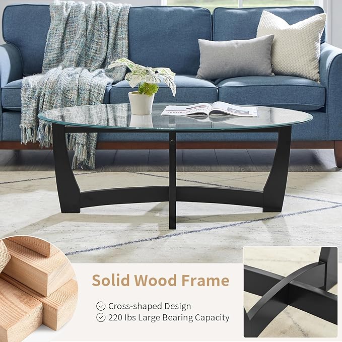 48" Oval Glass Coffee Table with Tempered Glass Top Cross and Solid Wood Base Simple & Modern Center Table for Living Room Office Apartment Black