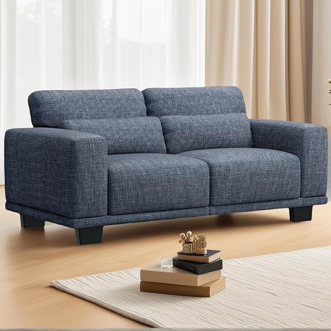 Marsail 65" Sofa Couch, 2-Seater Couches with Wide Armrests & Deep Cushions, Modern Linen Fabric Sofas for Living Room, Comfy Upholstered Couch with Removable Washable Covers, Blue