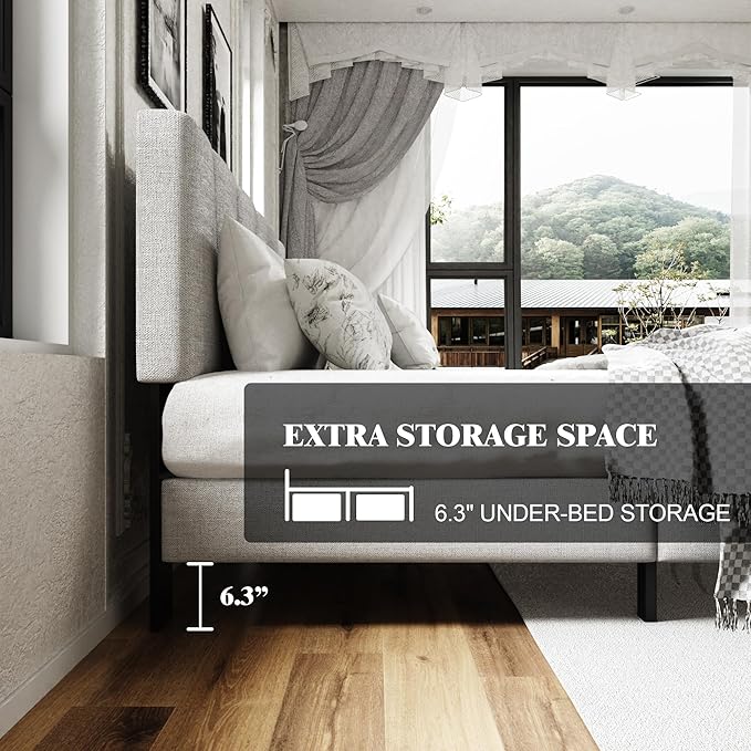 King Size Platform Bed Frame with Upholstered Headboard, Wooden Slats Support, Noise Free, No Box Spring Needed, Easy Assembly, Light Grey, Linen