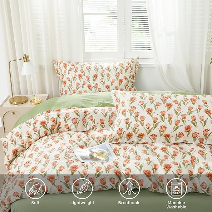 SAPHREAS King Size Red Tulips Floral Duvet Cover Set 3pcs Garden Style Green Leaves Soft Cozy Bedding Comforter Cover Set 100% Cotton 1 Duvet Cover 104"x90" 2 Pillow Shams, Comforter Not Included