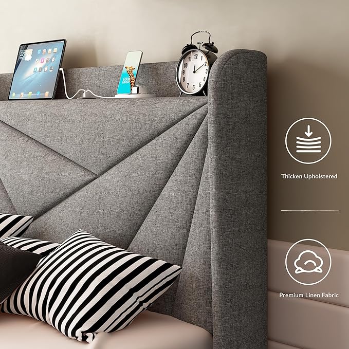 iPormis Twin Size Bed Frame with Charging Station, Linen Platform Bed Frame with Wingback Headboard Upholstered Bedframe, Solid Wood Slats Support, No Box Spring Needed, Easy Assembly, Light Grey