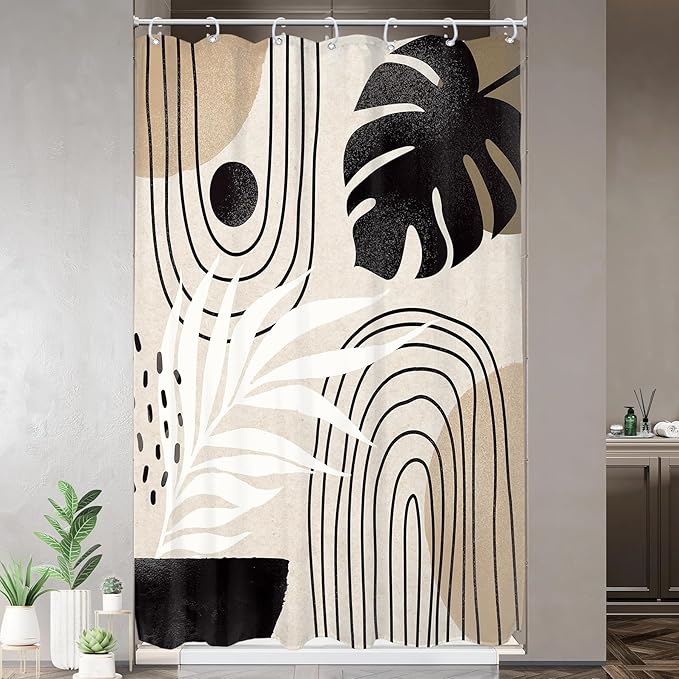 Glawry Boho Mid Century Shower Curtain Narrow Small Stall Abstract Modern Tropical Palm Leaf Minimalist Arch Bathroom Black Brown 48Wx72L Inches Bath Accessories Art Home Decor Fabric 7 Pack Hook