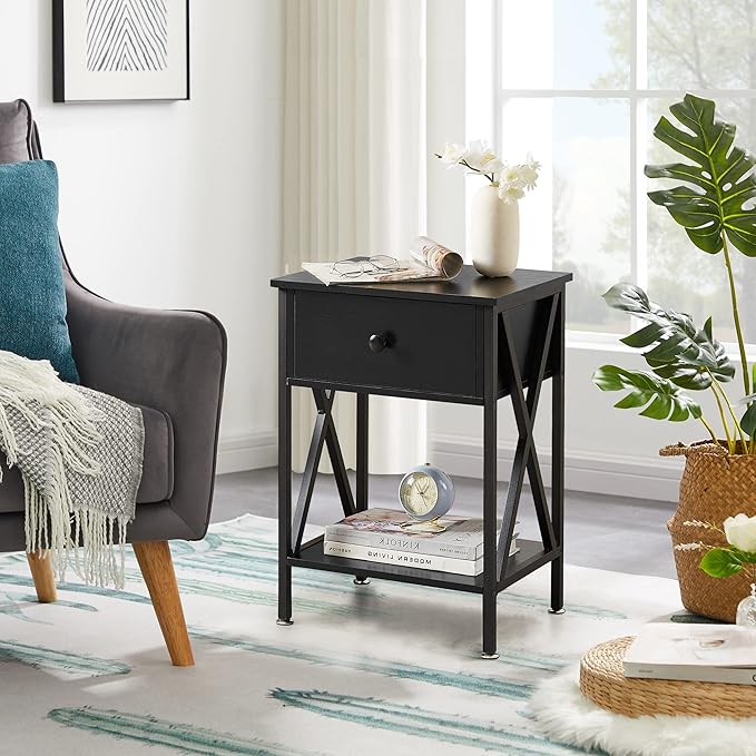 VECELO Nightstand,Modern Bedside End Table, Night Stand with Drawer and Storage Shelf for Living Room Bedroom, Industrial Metal Frame