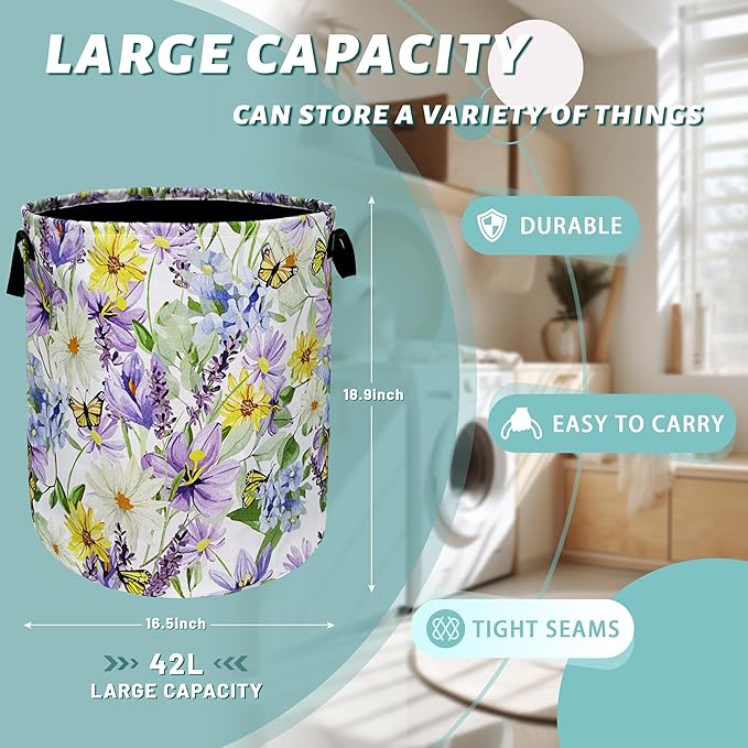 Purple Flower With Butterfly Laundry Basket Foldable With Handles Tote Bag Oxford Cloth Colorful Laundry Hamper 18.9"x16.5 "Clothe Storage Bucket Toy Organizer For Bathroom/Laundry/Bedroom