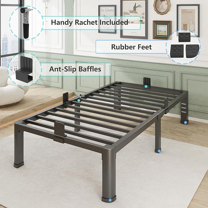 16 Inch Twin Bed Frame with Rounded Corner and Headboard Hole Mattress Retainers 3500 lbs Heavy Duty Support Metal Platform Bed Frame Noise Free No Box Spring Needed Easy Assembly