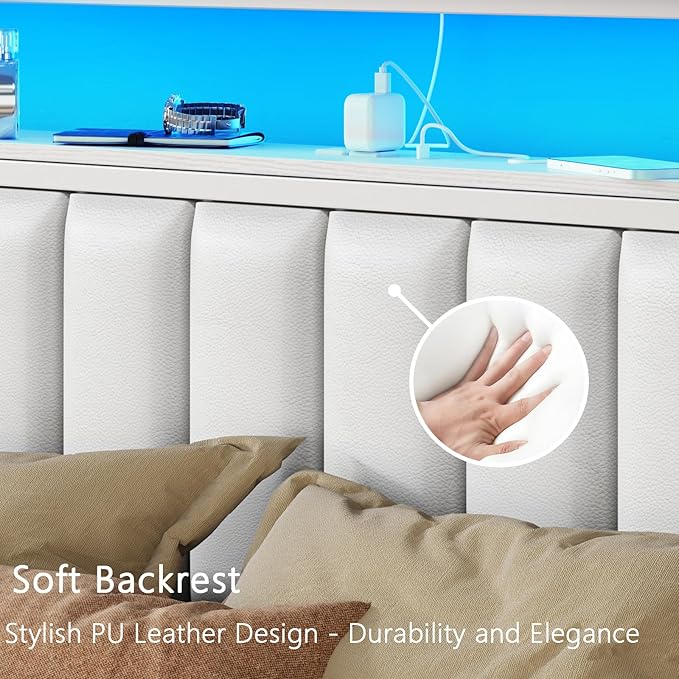 Furnulem Twin Size Bed Frame with Charging Station & LED Lights, Modern Platform Bed with 2-Tier Storage Shelves, White PU Leather Upholstered Headboard, No Box Spring Needed, Metal Slats Support