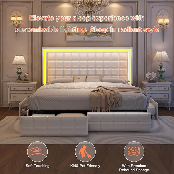 Queen Bed Frame with LED Lights & Storage Drawers, No Box Spring Needed, Heavy Duty 900lbs Weight Capacity, Easy Assembly, Modern Upholstered Platform Bed, PU White